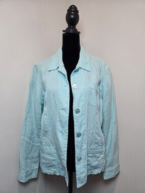 JM Collection Linen Shacket 8P Blue Button Up Shirt Jacket